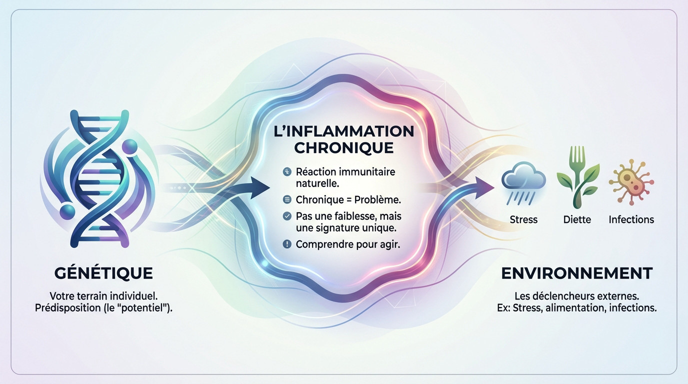 Schéma illustrant l'interaction entre prédisposition génétique et facteurs environnementaux dans l'inflammation digestive