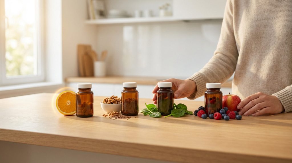 Person's hands near supplement bottles and natural foods (orange, walnuts, spinach, berries, apple) on a bright kitchen counter.